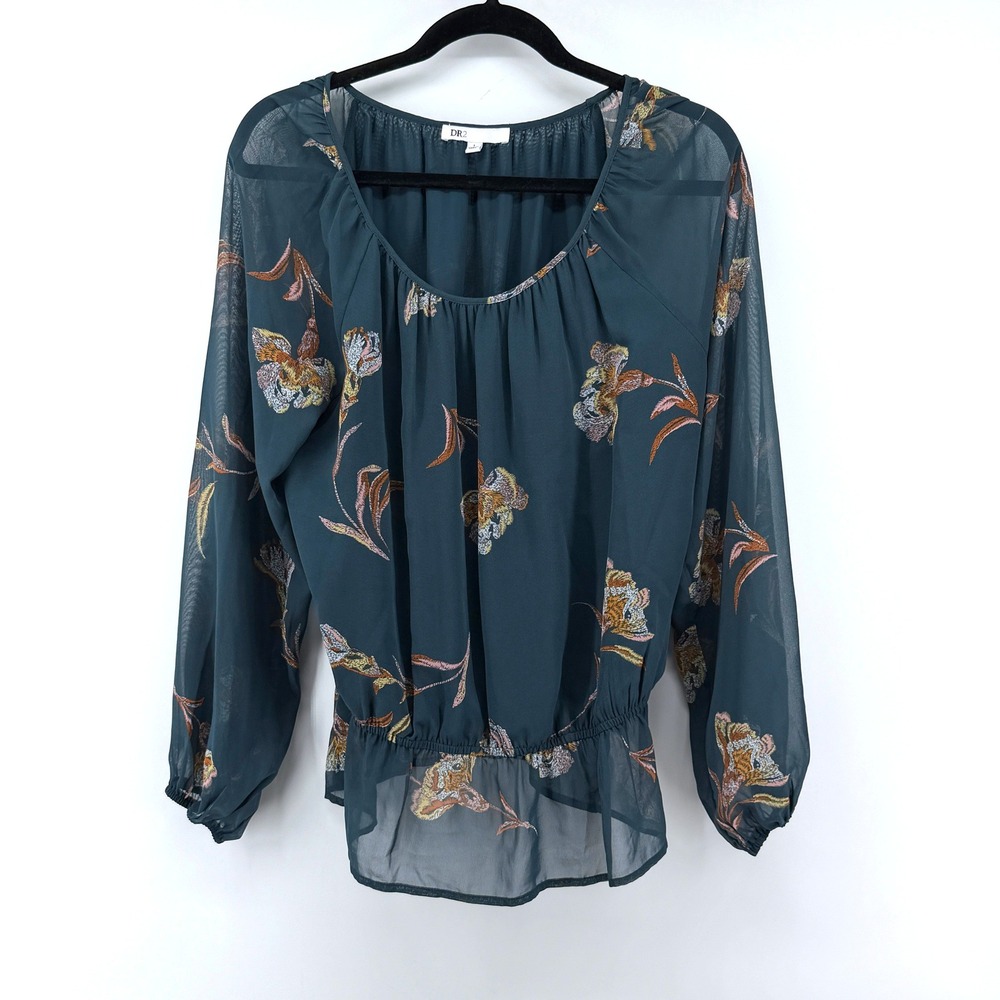 DR2 Blouse Floral Print Large Teal Green Women Long Sleeve Peplum Top